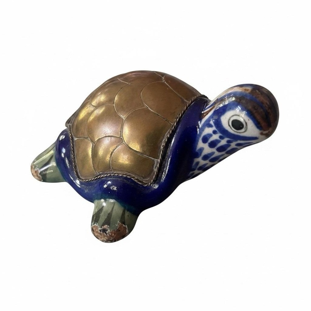 Vintage Tonala Mexican Pottery Turtle Decoration Brass Copper Shell 1960s Unique